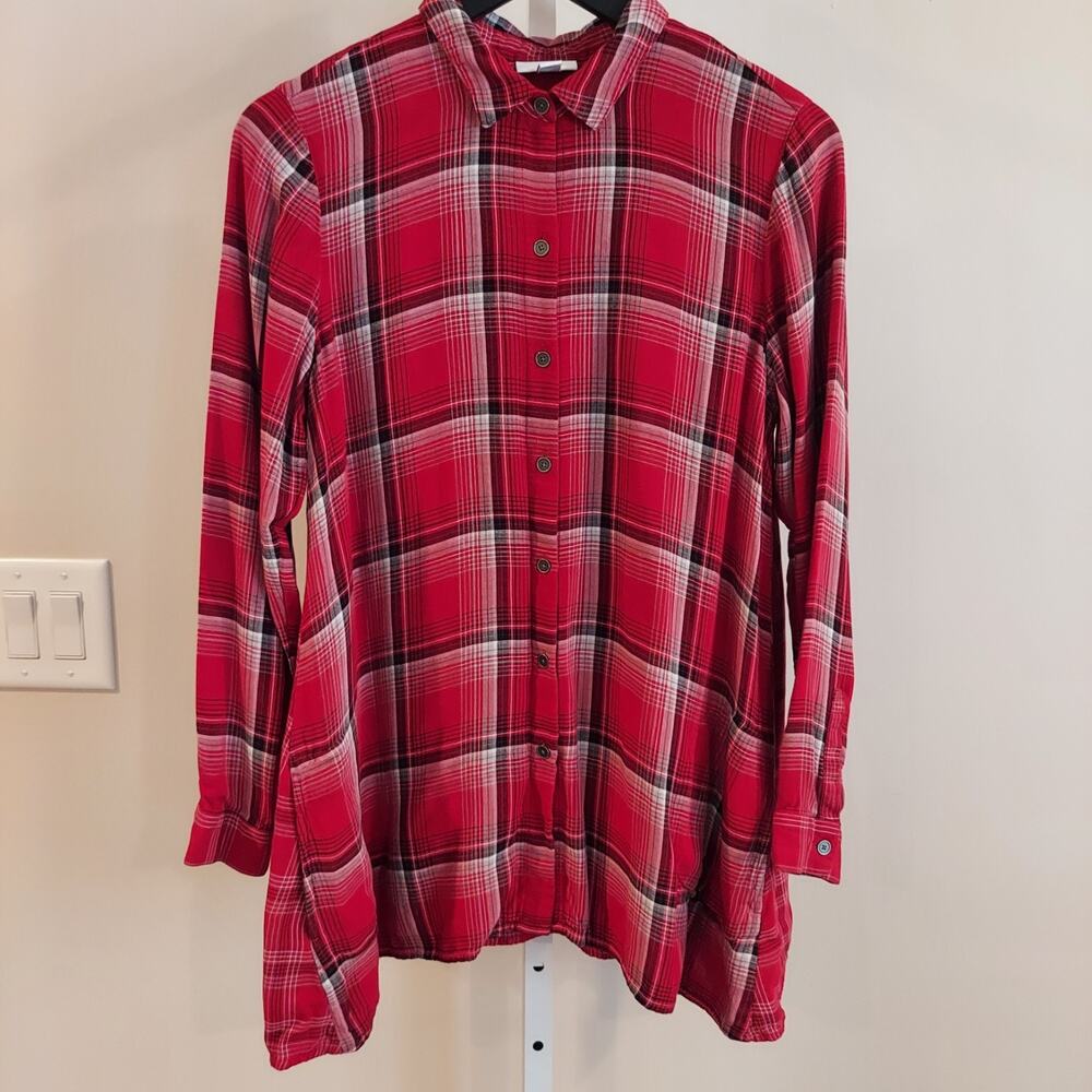 J Jill Plaid Tunic Top Size S Petite Cozy Cabin Holiday Christmas Tartan Pockets